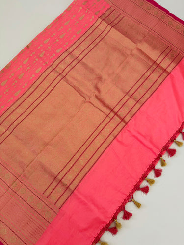 Banarasi Katan Pure Silk Saree | Bright Salmon Pink | Gold Zari | Handwoven | Silk Mark Certified | Ships from California